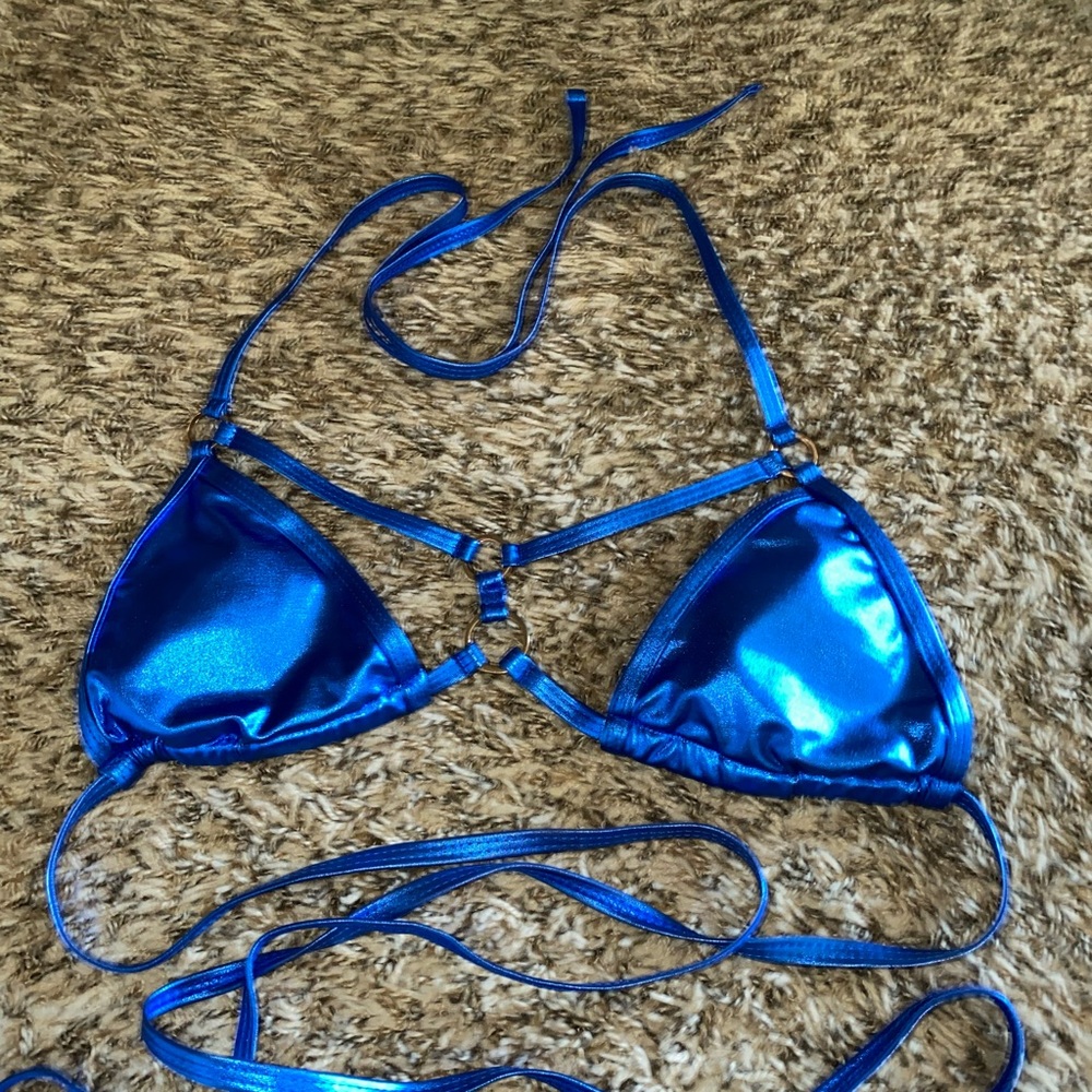 Shein Metallic Blue Bikini Set w/ Straps, Gold Decorations